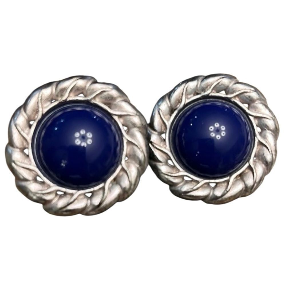 Vintage Liz Claiborne Blue Cabochon Clip-On Earrings Silver Tone Rope Frame